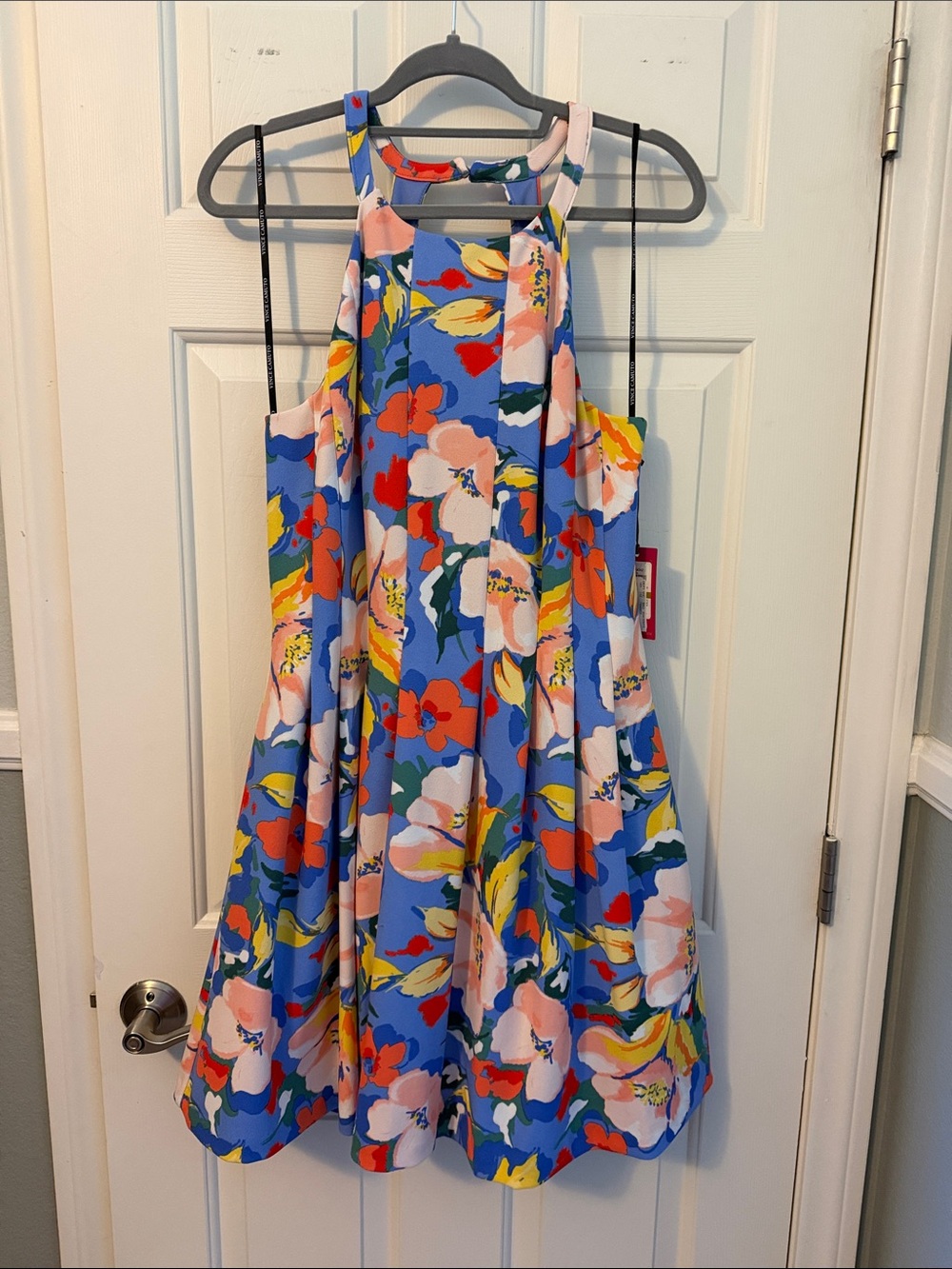 Vince Camuto women’s A-Line Dress in Blue with Multicolor Print
